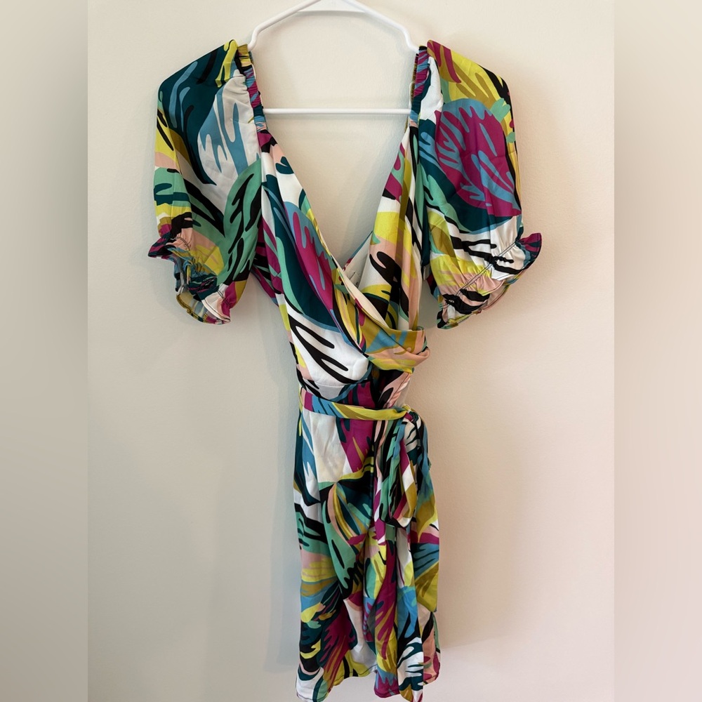 Adelyn Rae One-Shoulder Multicolor Tropical Print Wrap Dress